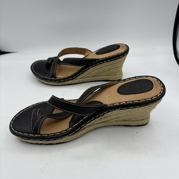Born Sandals Womens Size 8 Black Leather Espadrille Wedge Heel Mule Toe Loop - Picture 11 of 12
